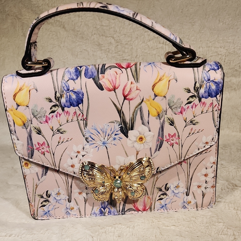Floral Pink Handbag with Gold Butterfly Accent